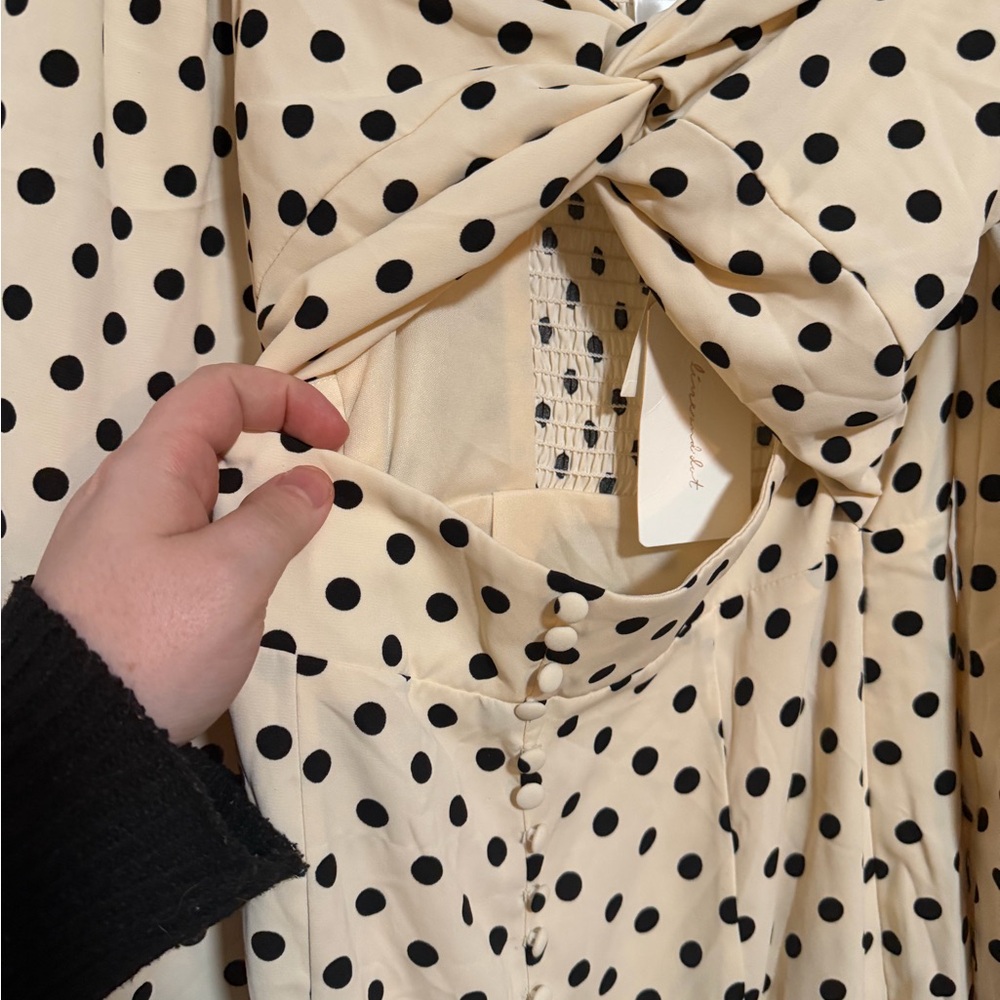 NWT Line & Dot Cream Polka Dot Long Sleeve Cut Out Tie-Front Dress - Picture 2 of 10